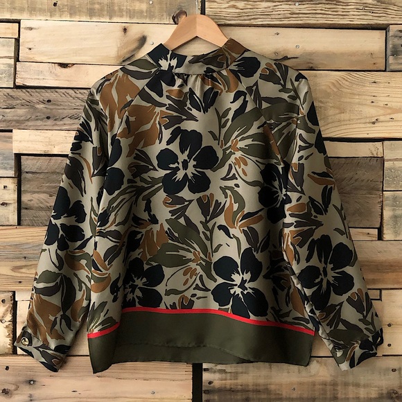 ZARA camouflage floral print long sleeve pullover top hem band oversized XS - Picture 2 of 12